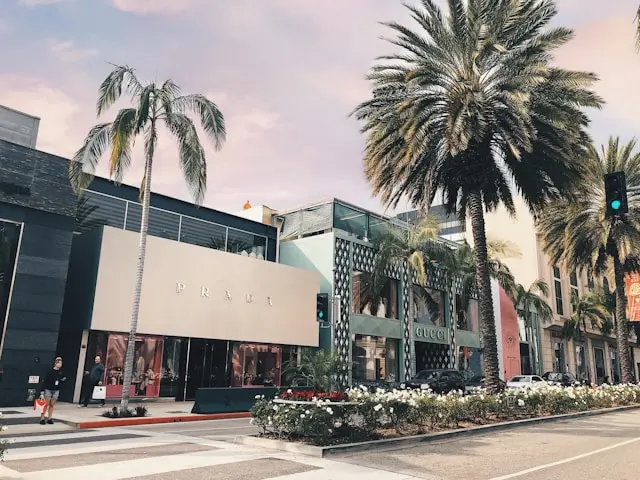 Luxury storefronts along Rodeo Drive in Beverly Hills.