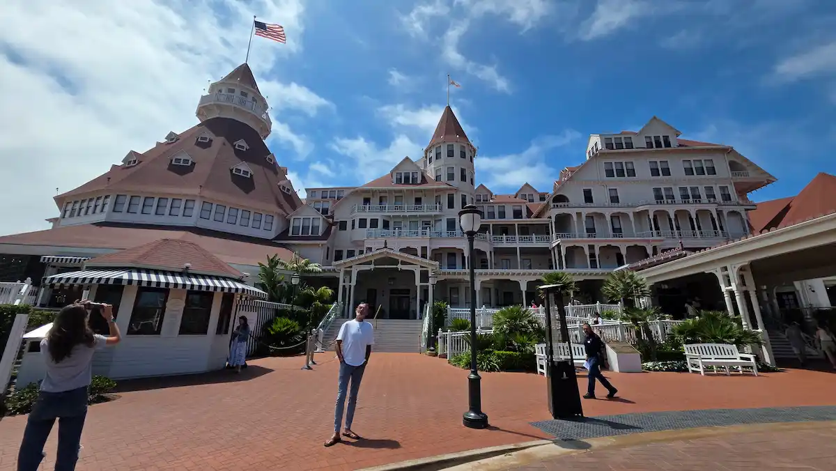 Iconic Hotel del Coronado with its red turrets facing the Pacific.