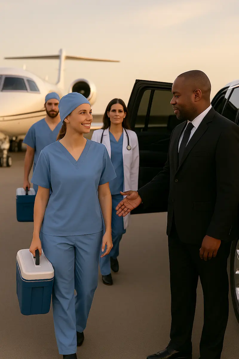 Black car picking up transplant team at private airport in San Diego